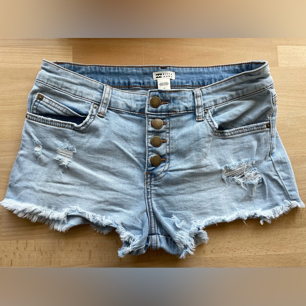 Billabong Women’s Light Blue Distressed Button-Front Denim Shorts Size 27